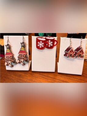 3 new fun pairs of fun Christmas earrings 2 dangle 1 stud glitter mug snowflake